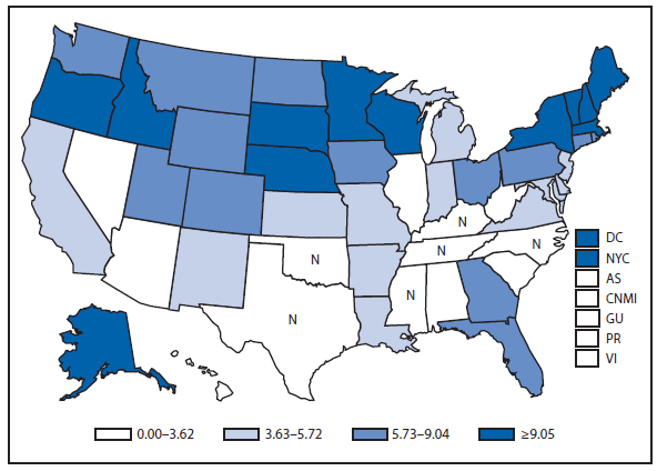 This figure is a map of the United States and U.S. territories that presents the incidence range per 100,000 population of giardiasis cases in each state and territory in 2011.