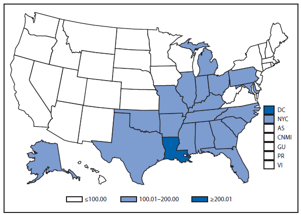 This figure is a map of the United States and U.S. territories that presents the incidence range per 100,000 population of gonorrhea cases in each state and territory in 2011.
