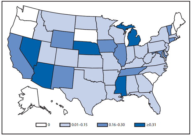 This figure is a map that presents the incidence of reported cases per 100,000 population of neuroinvasive disease in each state 2011.