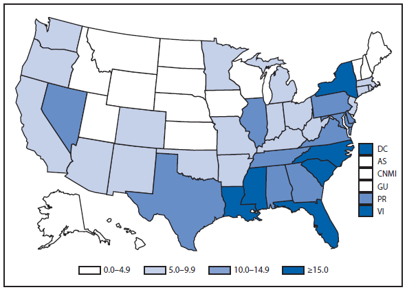 This figure is a map of the United States and U.S. territories that presents the rates per 100,000 population of diagnosed HIV cases in each state and territory in 2011.