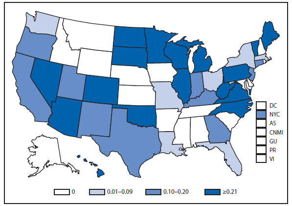 This figure is a map of the United States and U.S. territories that presents the incidence range per 100,000 population of influenza-associated pediatric deaths in each state and territory in 2011.