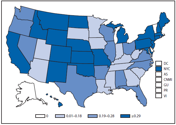 This figure is a map of the United States and U.S. territories that presents the incidence range per 100,000 population of listeriosis cases in each state and territory in 2011.