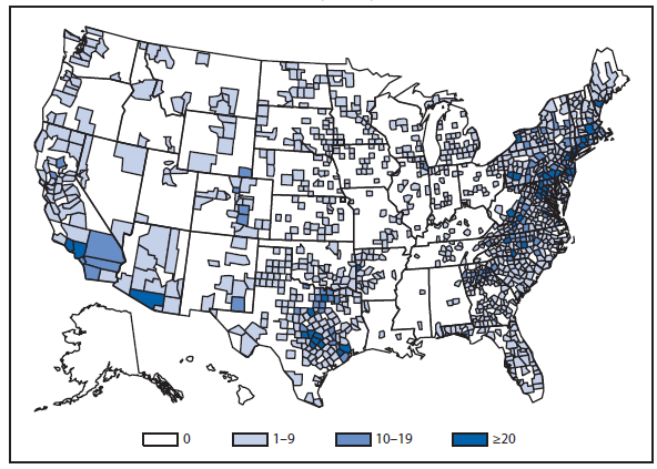 This figure is a map of the United States that presents the number of rabies cases, by county, among wild and domestic animals in the United States in 2011.