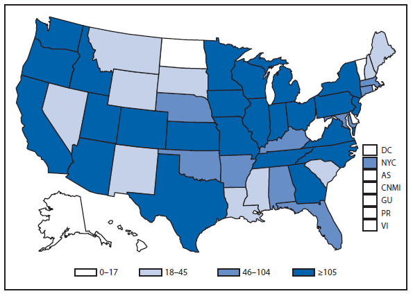 This figure is a map of the United States and U.S. territories that presents the number of Shiga-toxin producing Escherichia coli cases in each state and territory in 2011.