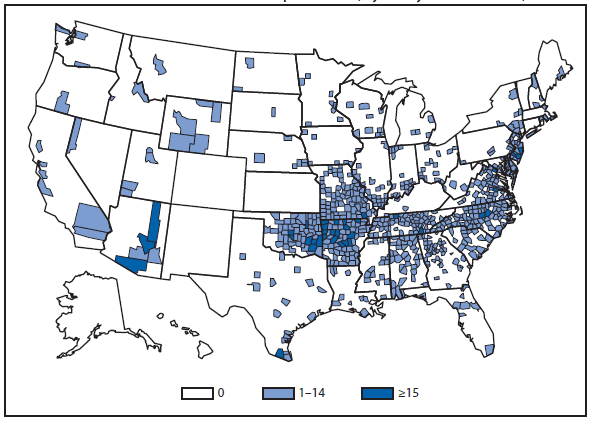 The figure is a map that presents the number of spotted fever rickettsiosis cases by county in the United States in 2011.