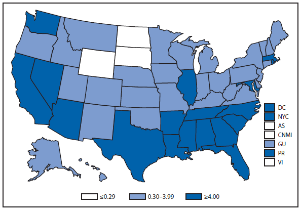 This figure is a map of the United States and U.S. territories that presents the incidence per 100,000 population of primary and secondary syphilis cases in each state and territory in 2011.