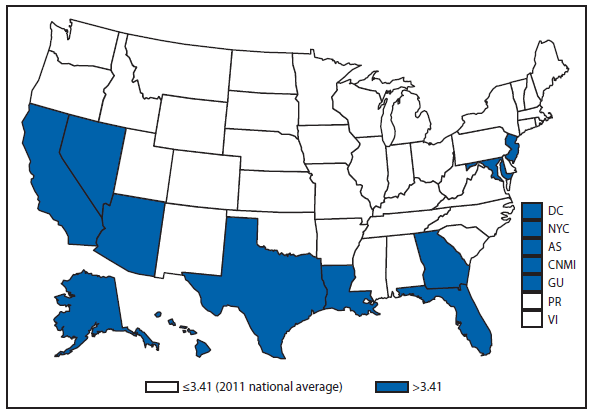 This figure is a map of the United States and U.S. territories that presents the incidence range per 100,000 population of tuberculosis cases in each state and territory in 2011.