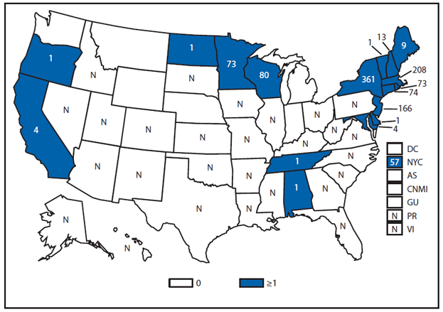 This figure is a map that presents the number of reported cases in each state and U.S. territory in 2011.