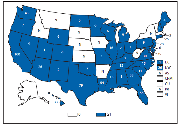 This figure is a map of the United States and U.S. territories that presents the number of cases of virbriosis in each state and territory in 2011.