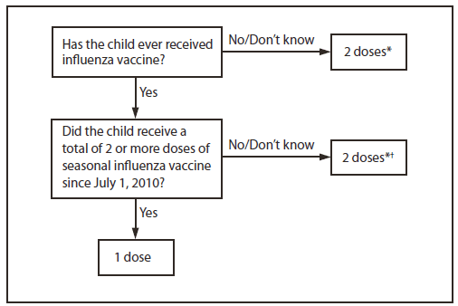 The figure shows influenza vaccine dosing algorithm for aged children 6 months through 8 years in the United States, during the 2012-13 influenza season. Children are recommended to receive 2 doses this season, even if 2 doses of seasonal influ¬enza vaccine were received before the 2010-11 season. This is illustrated in two approaches for determining the number of doses required for children aged 6 months through 8 years, both of which are acceptable.