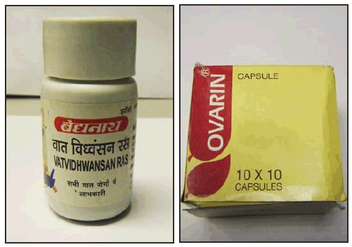 The figure shows two of 10 Ayurvedic medications that have been associated with lead poisoning in six pregnant women during 2011-2012, according to the New York City Department of Health and Mental Hygiene. Patient 2 reported purchasing Vatvidhwansan Ras, which contained 2% lead in New York City. Patient 4 obtained Ovarian, which was found to have as much as 1.2% lead, in India.