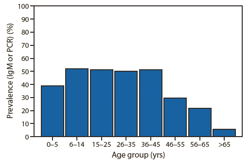 The figure shows the prevalence of chikungunya immunoglobulin M (IgM) or polymerase chain reaction (PCR) positivity, by age group in Trapeang Roka, Cambodia, during March 2012. Laboratory results were analyzed by age group. The analysis revealed a 40% IgM seroprevalence among persons aged ≤5 years; for persons aged 6-45 years, IgM seroprevalence was approximately 50%, declining sharply for each age group after that.