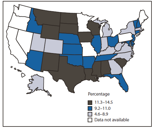 The figure shows the percentage of high school students aged ≥16 years who drove a car or other vehicle when they had been drinking alcohol, in 41 states during 2011. Among the 41 states with available YRBS results in 2011, prevalence of drinking and driving varied threefold, from 4.6% in Utah to 14.5% in North Dakota (median: 10.1%). States in the highest tertile included much of the upper Midwest; the western states of Montana, Wyoming, and New Mexico; South Carolina; and states along the Gulf Coast, except for Florida.