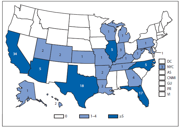 This figure is a map of the United States and U.S. territories that presents the number of brucellosis cases in each state and territory in 2012.