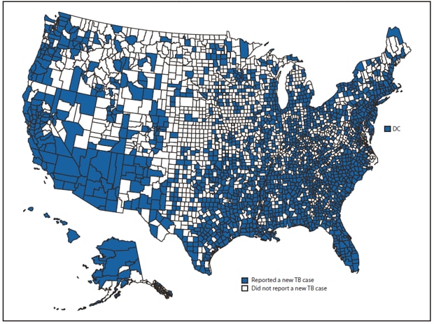The figure shows reported new tuberculosis (TB) cases, by county in the United States during 2010-2012. Individual state TB rates per 100,000 population varied widely, from 0.4 in West Virginia to 9.0 in Alaska (median: 2.3). Rates in 2012 were lower than in 2011 in 33 states and the District of Columbia and higher in 17 states. Four states (California, Texas, New York, and Florida) each reported more than 500 cases for 2012, as they have since 2008. Combined, these four states accounted for 4,967 TB cases, representing half (49.9%) of all TB cases reported in 2012. Among the 441 counties in these four states, 136 (30.8%) did not report a new TB case during 2010-2012. Among the 2,702 counties in the states reporting less than 500 cases, 1,253 (46.4%) counties did not report a TB case during 2010-2012.