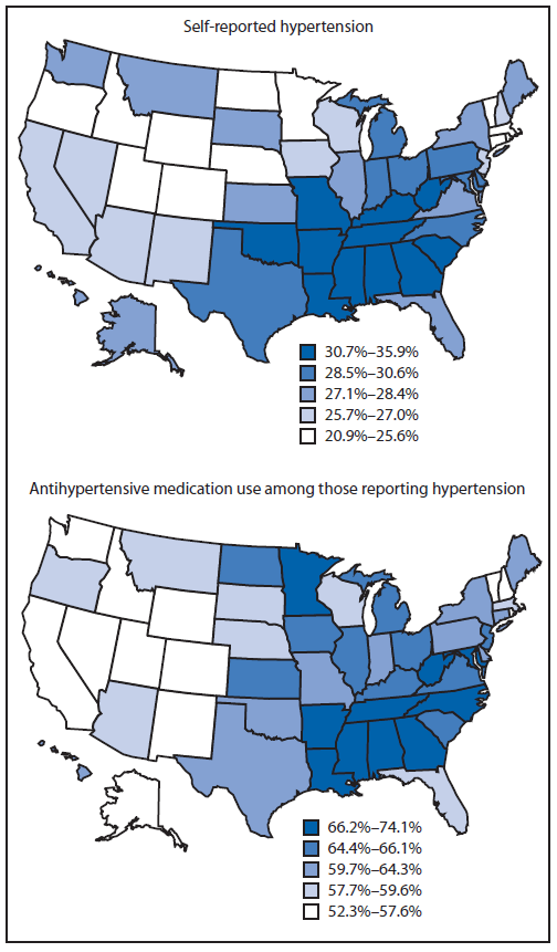 The figure shows age-adjusted prevalence of self-reported hypertension among adults and the proportion of those participants reporting use of antihypertensive medication during 2009, by state, according to the Behavioral Risk Factor Surveillance System. In 2009, the prevalence of self-reported hypertension was, in general, higher in southern states and lower in western states.