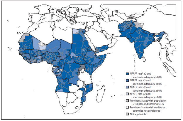 The figure shows combined performance indicators for the quality of acute flaccid paralysis (AFP) surveillance in subnational areas (states and provinces) of 16 polio-affected countries and neighboring countries during 2012. All 19 countries reporting polioviruses (PVs) transmission during 2011– 2012 met the national target of an annual rate of ≥2 nonpolio AFP cases per 100,000 population aged <15 years for both years; the national target of ≥80% of AFP cases with adequate specimens was met by 12 (63%) countries in 2011 and 13 (68%) countries in 2012. The geographic distribution of subnational AFP surveillance quality indicators varied among countries with PV circulation. In the African Region, ≥80% of the population lived in areas meeting both AFP surveillance quality indicators only in Nigeria in 2011, and in Angola, Central African Republic, Kenya, and Nigeria in 2012.