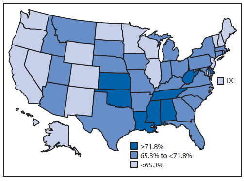 The figure shows age-adjusted prevalence of walking <90 minutes per week among adults with arthritis, by U.S. state, during 2011. Age-adjusted prevalence estimates, categorized by tertiles, also were calculated.