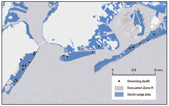 The figure shows drowning deaths attributed to Hurricane Sandy that occurred in the decedent's home (n = 20), in New York state, in relation to the Federal Emergency Management Agency storm surge area and New York City's Evacuation Zone A, during October 28-November 30, 2012. The majority of drowning deaths (32 [80.0%]) occurred in New York, whereas deaths in New York accounted for only 27.3% of nondrowning deaths. Twenty decedents drowned in flooded homes in New York, and home addresses for 18 (90.0%) of them were located in Evacuation Zone A.
