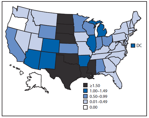 The figure shows the rate of reported cases of West Nile virus (WNV) neuroinvasive disease, by state, in the United States during 2012. States with the highest incidence rates included South Dakota, North Dakota, Mississippi, Louisiana, and Texas. Four states reported over half of the WNV neuroinvasive disease cases: Texas, California, Illinois, and Louisiana.