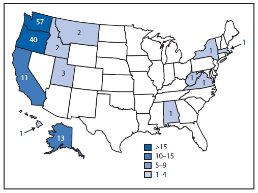 The figure shows the number of persons infected with the outbreak strain of Salmonella Heidelberg, by state, in the United States during 2012-2013. A total of 134 persons infected with the Salmonella Heidelberg outbreak strain, with illness onset on or after June 1, 2012, were identified in 13 states.