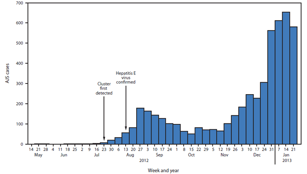 The figure shows acute jaundice syndrome (AJS) cases by surveillance week in the Jamam, Gendrassa, and Yusuf Batil refugee camps in South Sudan during 2012-2013. As of January 27, 2013, a total of 5,080 AJS cases were reported: 3,291 in Yusuf Batil, 1,261 in Jamam, 474 in Gendrassa, and 54 in Doro.