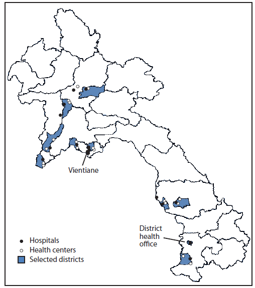 The figure shows the location of selected districts and 37 health facilities surveyed regarding delivery services and hepatitis B vaccine birth dose practices in Laos during December 2011-February 2012.