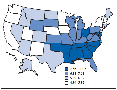 The figure above shows infant mortality rates per 1,000 live births, by state, in the United States during 2004–2008. Geographically, the majority of states in the top quartile for infant mortality are in the southern United States.