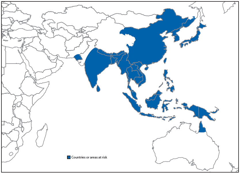 The figure above shows the geographic distribution of Japanese encephalitis (JE). Twenty-four World Health Organization member states in Asia and the Western Pacific have areas of JE virus transmission risk.