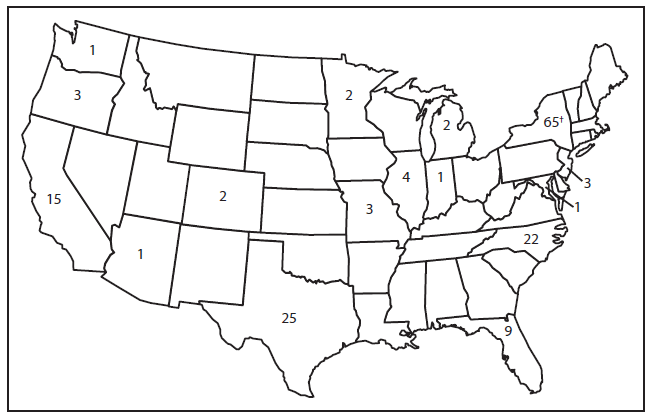 The figure shows the number of measles cases, by state in the United States during 2013. During January 1-August 24, 2013, a total of 159 cases were reported to CDC from 16 states and New York City. The largest numbers of cases were reported from New York state (65), Texas (25), North Carolina (22), and California (15).