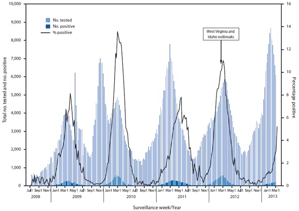 The figure shows the number of respiratory samples tested and number and percentage of tests positive for human metapneumovirus (hMPV), by week of report during July 5, 2008-March 2, 2013. hMPV surveillance data from the National Respiratory and Enteric Virus Surveillance System  and from GermWatch indicate biennial activity peaks.