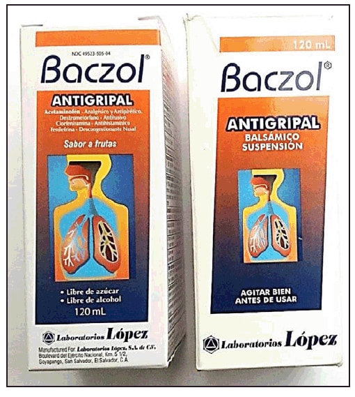 The figure shows two Baczol products purchased without a prescription from Latino grocery stores in the greater Washington, DC, area in 2013: (left) a product with no sulfonamide component, which was exported legally to the United States; (right) a product with trimethoprim-sulfa-methoxazole, which according to the label, is intended for sale solely in El Salvador and requires a prescription.