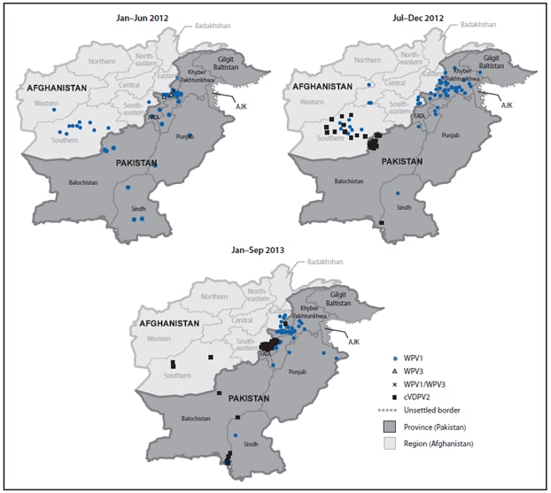 The figure shows cases of wild poliovirus types 1 (WPV1), 3 (WPV3), 1 and 3 (WPV1/WPV3), and circulating vaccine-derived poliovirus type 2 in Pakistan during January 2012-September 2013. During 2012, 58 WPV cases (55 WPV1, two WPV3, and one WPV1/WPV3 coinfection) were reported, compared with 198 WPV cases (196 WPV1 and two WPV3) during 2011; 52 cases (all WPV1) were reported during January-September 2013, compared with 54 cases for the same period in 2012.