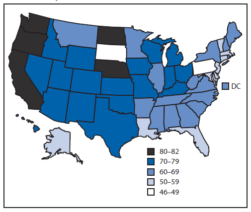 The figure shows the estimated percentage of persons diagnosed with HIV with infection attributed to male-to-male contact or male-to-male contact and injection drug use, by area of residence, in the United States in 2011. In 2011, men who have sex with men accounted for at least half of persons diag¬nosed with HIV in all but two states.