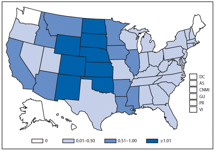 This figure is a map that presents the incidence of reported cases per 100,000 population of neuroinvasive disease in each state 2013.