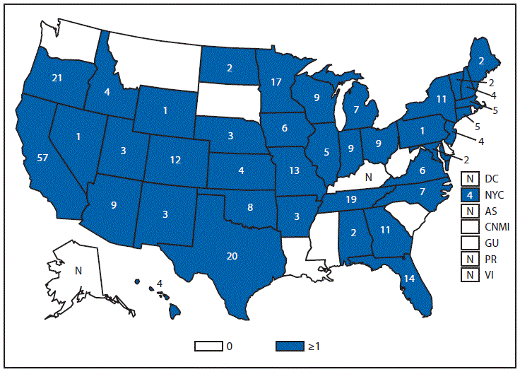 This figure is a map of the United States and U.S. territories that presents the number of hemolytic uremic, postdiarrheal cases in each state and territory in 2013.