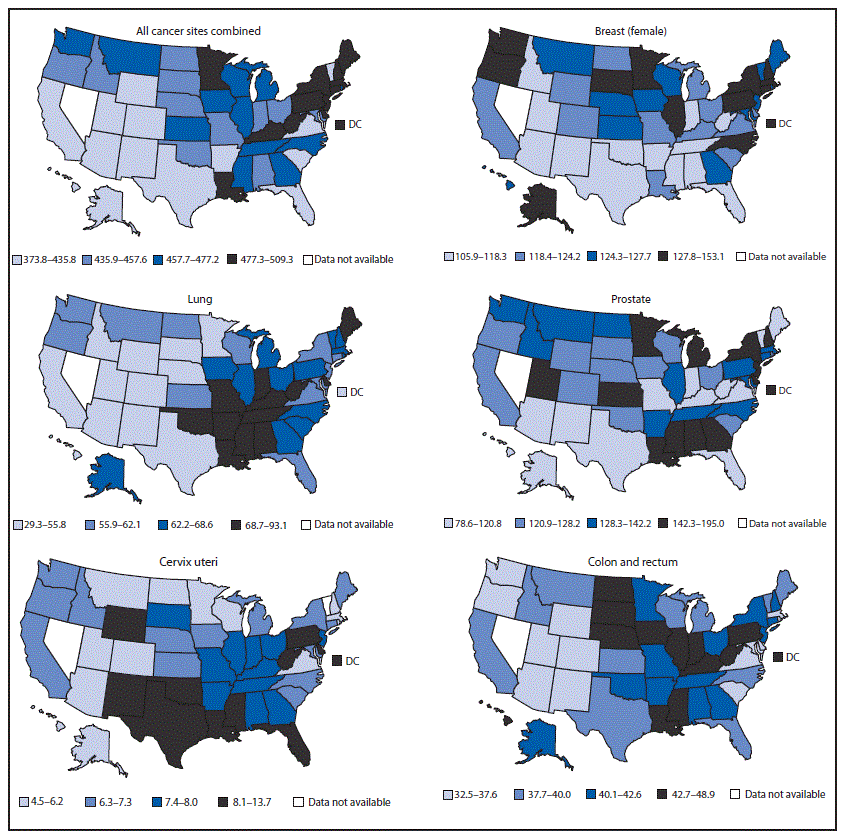 This figure presents six maps of the United States showing the age-adjusted rate per 100,000 persons of invasive cancer cases for 2011 by primary cancer site for all cancer sites combined, female breast, lung, prostate, cervix uteri, and colon and rectum. The number of cases varies by state.