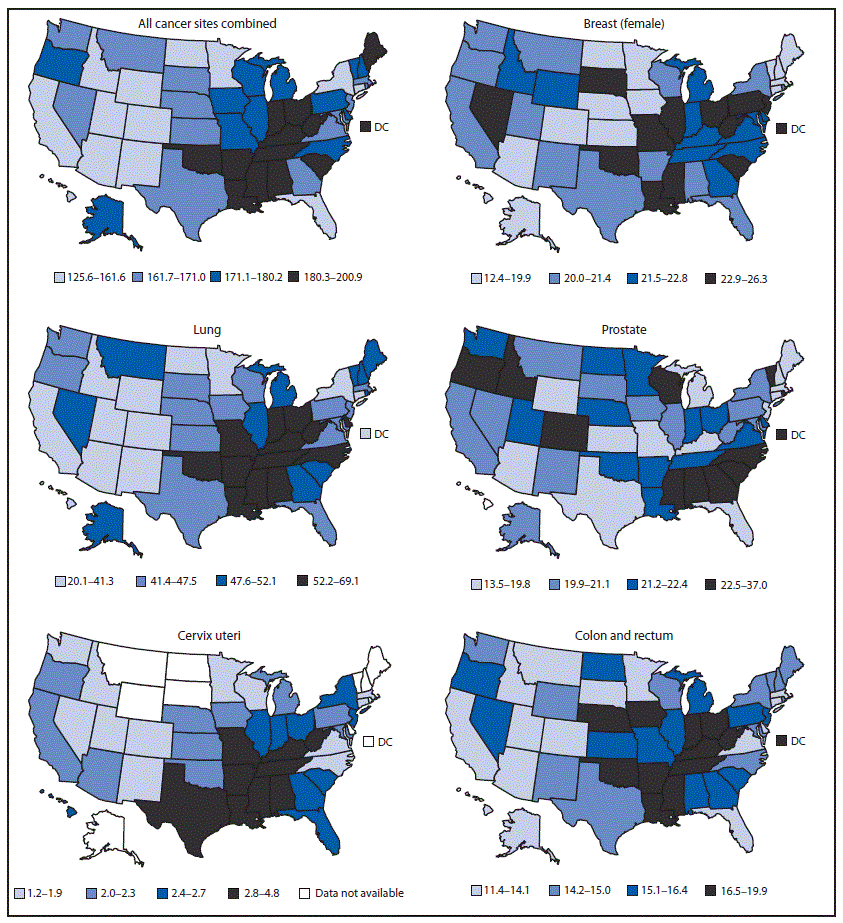 This figure presents six maps of the United States showing the age-adjusted rate per 100,000 persons of cancer deaths for 2011 by primary cancer site for all cancer sites combined, female breast, lung, prostate, cervix uteri, and colon and rectum. The number of cases varies by state.