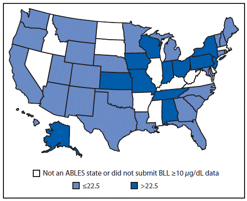 The figure shows a map of the United States indicating the prevalence rate per 100,000 employed persons aged ≥16 years of elevated blood lead levels ≥10 μg/dL for 2012 in the 41 states that participated in the State Adult Blood Lead Epidemiology and Surveillance programs. Results varied by state. The national rate in 2012 was 22.5 cases per 100,000 employed adults aged ≥16 years.
