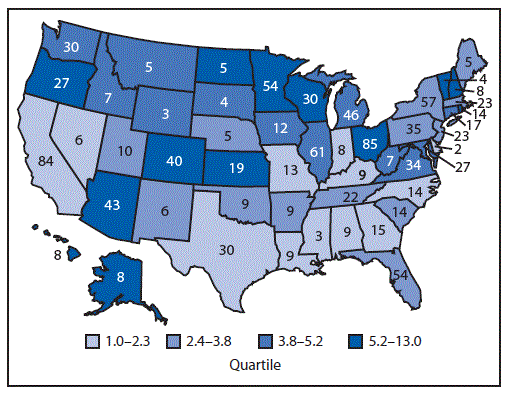 The figure shows a map of the United States displaying the rate of reported foodborne disease outbreaks and the number of outbreaks in 2012. Rates and numbers varied by state. Data are drawn from the Foodborne Disease Outbreak Surveillance System.