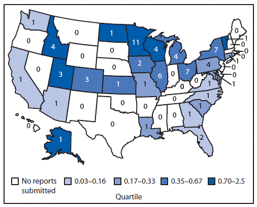 The figure shows a map of the United States displaying the rate of reported waterborne disease outbreaks and the number of outbreaks in 2012. Rates and numbers varied by state. Data are drawn from the Waterborne Disease Outbreak Surveillance System.