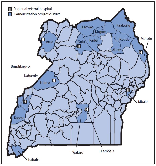 The figure shows the location of the 17 selected demonstration project districts and seven regional referral hospitals that participated in a global health security demonstration project in Uganda during March-September 2013.