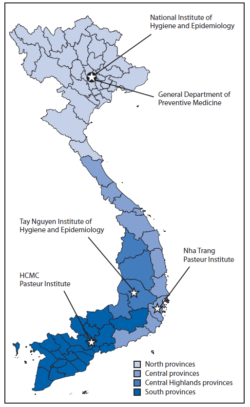 The figure shows the four regional public health institutes and their provinces of responsibility for epidemiologic surveillance, response, and laboratory confirmation and the General Department of Preventive Medicine, as part of the global health security demonstration project in Vietnam during 2011.