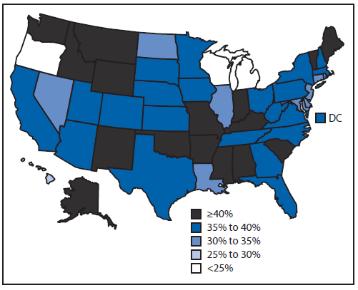 The figure above shows age-standardized prevalence of having one or more falls in the past 12 months among adults aged ≥45 years with arthritis in the United States during 2012. In 2012, 46 states and DC had an age-adjusted prevalence of any fall in the past 12 months of ≥30% among adults with arthritis, and 16 states had an age-adjusted prevalence of any fall of ≥40%.