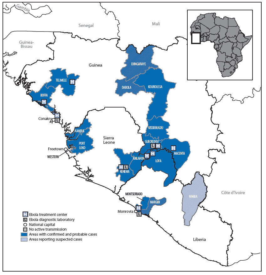 La figure ci-dessus est une carte de l’Afrique de l’Ouest, illustrant l’importante étendue de la zone géographique dans laquelle les cas de maladie à virus Ébola sont signalés dans l’épidémie en cours. Le 18 juin 2014, un total de 528 cas, dont 337 décès, ont été signalés en Guinée, au Liberia et en Sierra Leone.