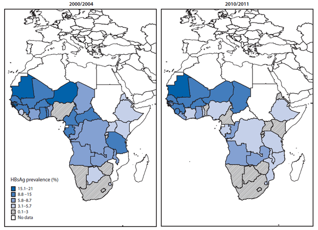 The figure shows the prevalence of hepatitis B surface antigen-reactive blood donations, by country, in sub-Saharan Africa during the periods 2000/2004 and 2010/2011. The median percentage of hepatitis B marker-reactive blood donations was 7.1% (36 reporting countries; interquartile range [IQR] = 4.1%-11.1%) in 2000/2004 and 4.4% (36 countries; IQR = 2.2%-7.4%) in 2010/2011.