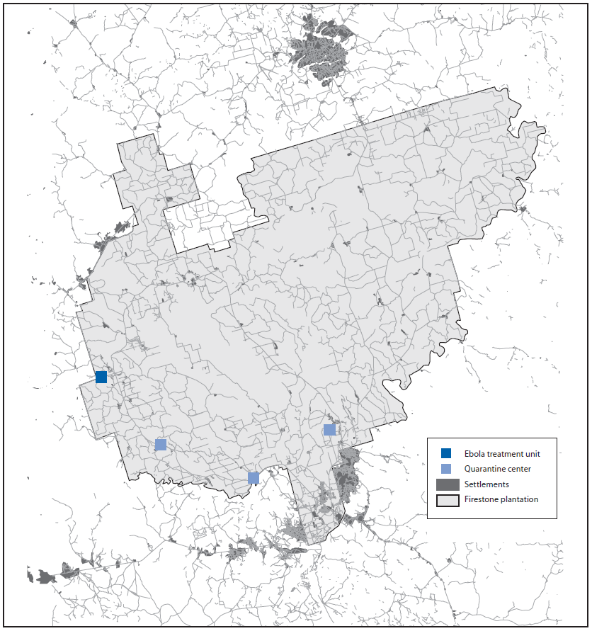 The figure above is a map of the Firestone rubber tree plantation showing the location of the Ebola treatment unit and quarantine centers in Margibi County, Liberia, during August 1–September 23, 2014.