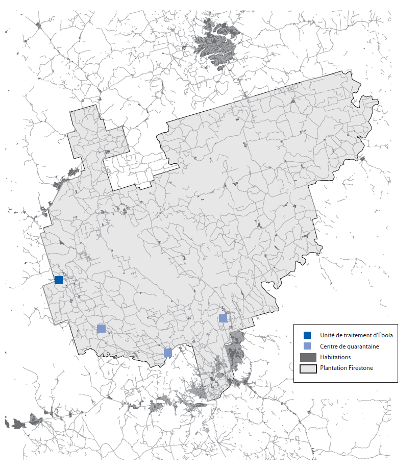 La figure ci-dessus est une carte de la plantation d’hévéas de Firestone, montrant à quel endroit se situent l’unité de traitement d’Ébola et les centres de quarantaine dans le comté de Margibi, Liberia, 1er août – 23 septembre 2014.