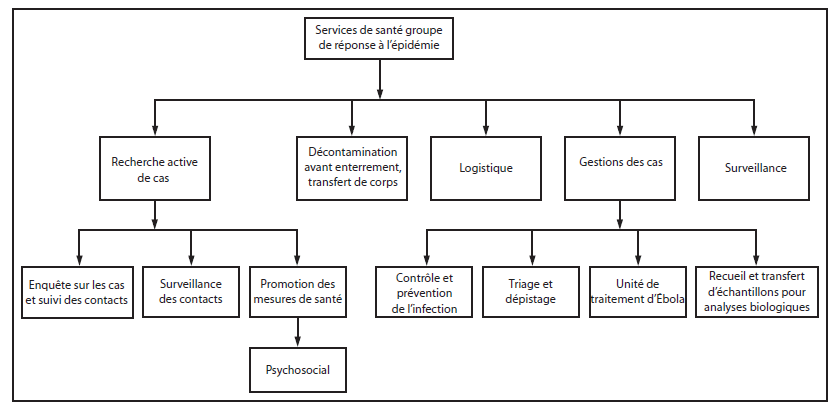 La figure ci-dessus est un organigramme du groupe de réponse à l’épidémie d’Ébola des services de santé de Firestone. Le 31 mars 2014, suite au rapport du premier cas d’Ébola diagnostiqué dans la plantation Firestone, l’entreprise a établi un système de gestion des incidents afin de coordonner une réponse exhaustive à l’épidémie, en utilisant le cadre de travail organisationnel de l’entreprise au Liberia.