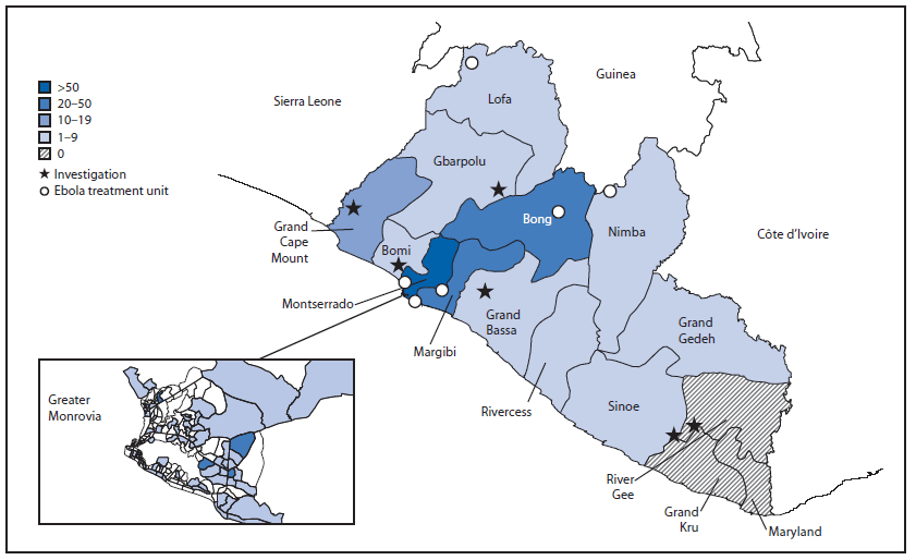 The figure is a map of Liberia showing the number of suspected and probable Ebola cases from Liberian Ministry of Health and Social Welfare daily situation reports and locations of rapid response investigations, by county, in Liberia during October 25-November 3, 2014. Concurrent with the Montserrado County outbreak, cases were identified from all counties in the country, with 12 of 15 counties reporting cases to MoHSW during October 25-November 3.